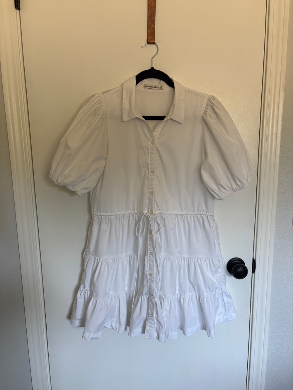 Abercrombie & Fitch White Puff-Sleeve Tiered Mini Dress